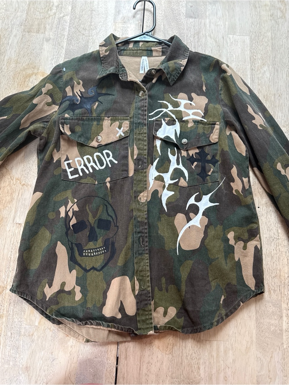 Upcycled Hand Painted Button-Down Shirt with White Skull & ERROR Graphic